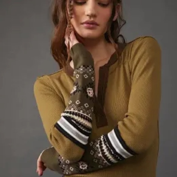 NWT Free People Women’s We the Free Mikah Printed Cuff Thermal Top. - Picture 1 of 7